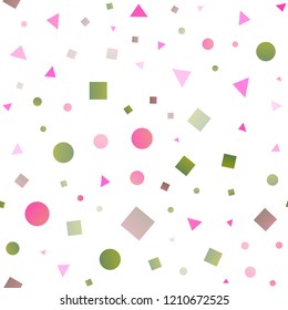 Light Pink, Green vector seamless texture in poly style with circles, cubes. Glitter abstract illustration with spheres, squares, lines. Pattern for design of fabric, wallpapers.
