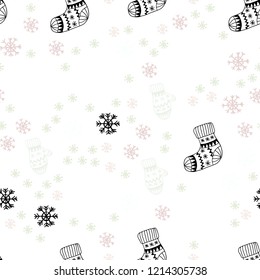 Light Pink, Green vector seamless layout with bright snowflakes, balls, socks, mittens. Glitter abstract illustration with gradient. Template for business cards, websites.