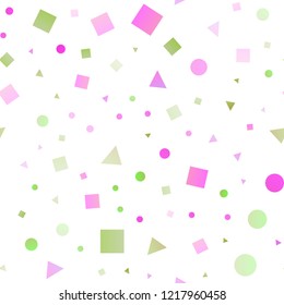 Light Pink, Green vector seamless template with crystals, circles, squares. Illustration with set of colorful circles, triangles, squares. Template for business cards, websites.