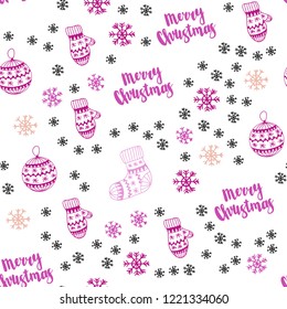 Light Pink, Green vector seamless background with xmas snowflakes, balls, socks, mittens. Glitter abstract illustration with gradient. Pattern for trendy fabric, wallpapers.
