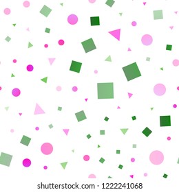 Light Pink, Green vector seamless backdrop with lines, circles, rhombus. Decorative design in abstract style with lines, dots, cubes. Template for business cards, websites.