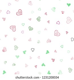 Light Pink, Green vector seamless template with doodle hearts. Glitter abstract illustration with colorful hearts in romantic style. Design for ad, poster, banner of Valentine Day.