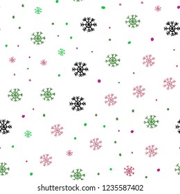 Light Pink, Green vector seamless layout with bright snowflakes. Shining colorful illustration with snow on abstract template. Design for textile, fabric, wallpapers.