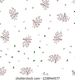 Light Pink, Green vector seamless abstract background with leaves, branches. Decorative design in Indian style on white background. Pattern for trendy fabric, wallpapers.