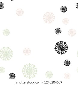 Light Pink, Green vector seamless cover with beautiful snowflakes. Modern geometrical abstract illustration with crystals of ice. Template for business cards, websites.