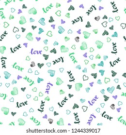 Light Pink, Green vector seamless cover with quote LOVE YOU, hearts. Illustration with words of love, hearts in abstract style. Design for wallpaper, fabric makers.