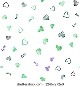 Light Pink, Green vector seamless background with words of love, hearts. Illustration with words of love, hearts in abstract style. Design for textile, fabric, wallpapers.