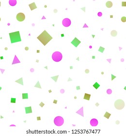 Light Pink, Green vector seamless backdrop with lines, circles, rhombus. Illustration with colorful circles, triangles, rectangles. Pattern for trendy fabric, wallpapers.