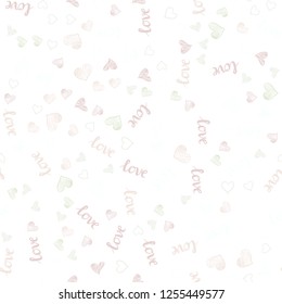 Light Pink, Green vector seamless backdrop with phrase LOVE YOU, hearts. Illustration with words of love, hearts in abstract style. Pattern for design of fabric, wallpapers.
