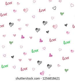 Light Pink, Green vector seamless cover with quote LOVE YOU, hearts. Colorful illustration with quote LOVE YOU, hearts. Design for textile, fabric, wallpapers.