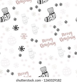 Light Pink, Green vector seamless layout with bright snowflakes, balls, socks, mittens. Shining colorful illustration in christmas style. Design for wallpaper, fabric makers.