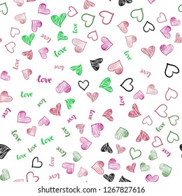 Light Pink, Green vector seamless cover with quote LOVE YOU, hearts. Colorful gradient phrase LOVE YOU, hearts in abstract style. Design for textile, fabric, wallpapers.