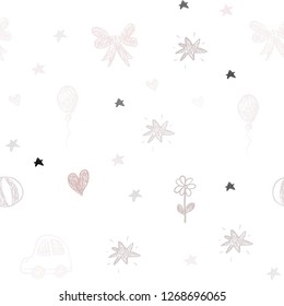 Light Pink, Green vector seamless texture with birthday gifts. Colorful illustration with a toy car, heart, baloon, tulip, candy, ball. Pattern for carnival, festival ads.