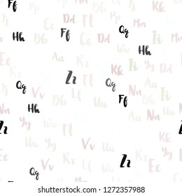 Light Pink, Green vector seamless backdrop with english symbols. Modern geometrical illustration with ABC english symbols. Design for textile, fabric, wallpapers.