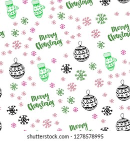 Light Pink, Green vector seamless background with xmas snowflakes, balls, socks, mittens. Modern geometric abstract illustration. Texture for window blinds, curtains.