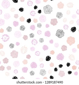 Light Pink, Green vector seamless abstract design with leaves, flowers. Sketchy doodles on white background. Texture for window blinds, curtains.