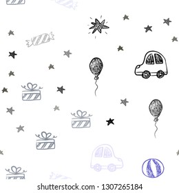 Light Pink, Green vector seamless background in xmas style. Design in xmas style with a toy car, baloon, candy, star, ball. Pattern for new year ads.