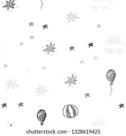 Light Pink, Green vector seamless backdrop in holiday style. Abstract illustration with a toy car, baloon, candy, star, ball. Design for colorful commercials.
