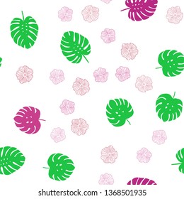 Light Pink, Green vector seamless natural backdrop with flowers, leaves. Glitter abstract illustration with leaves and flowers. Design for wallpaper, fabric makers.