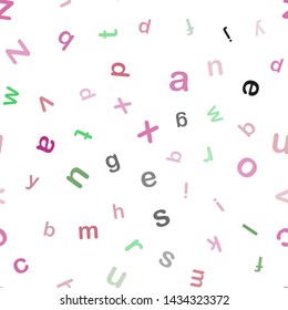 Light Pink, Green vector seamless layout with latin alphabet. Shining illustration with ABC symbols on abstract template. Design for wallpaper, fabric makers.