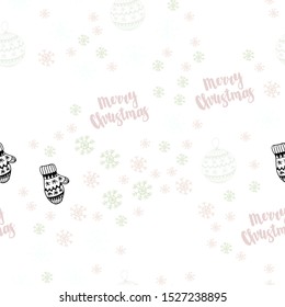 Light Pink, Green vector seamless layout with bright snowflakes, balls, socks, mittens. Modern geometric abstract illustration. Texture for window blinds, curtains.