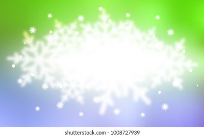 Light Pink, Green vector template with ice snowflakes. Snow on blurred abstract background with gradient. New year design for your ad, poster, banner.