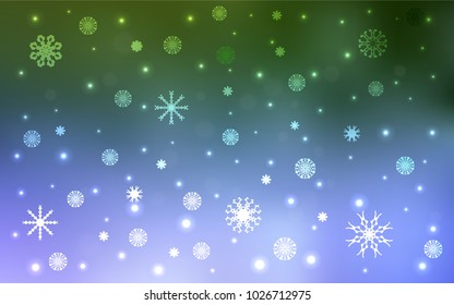 Light Pink, Green vector template with ice snowflakes. Blurred decorative design in xmas style with snow. New year design for your ad, poster, banner.