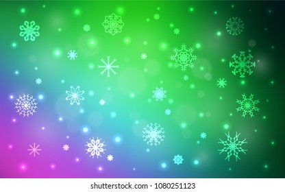 Light Pink, Green vector template with ice snowflakes. Decorative shining illustration with snow on abstract template. The pattern can be used for new year leaflets.