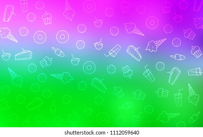 Light Pink, Green vector template with sweet snacks. Decorative shining illustration with sweets on abstract template. Pattern for ads of breakfast, lunch, dinner.