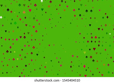 Light Pink, Green vector template with poker symbols. Blurred decorative design of hearts, spades, clubs, diamonds. Template for business cards of casinos.