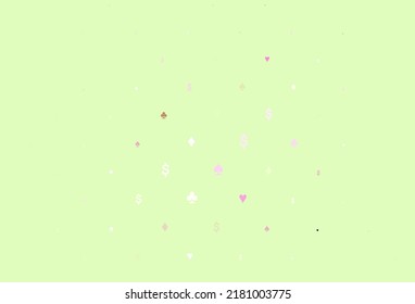 Light pink, green vector template with poker symbols. Colored illustration with hearts, spades, clubs, diamonds. Template for business cards of casinos.