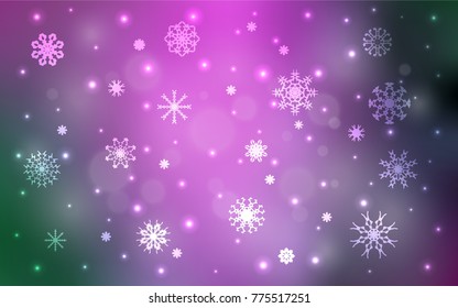Light Pink, Green vector template with ice snowflakes. Snow on blurred abstract background with gradient. The template can be used as a new year background.