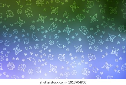 Light Pink, Green vector texture with delicious snacks. Glitter abstract sketch with gourmet food. Template for meal cooking in kitchen.