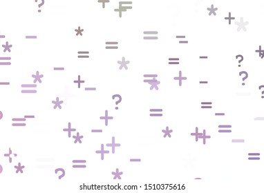 Light Pink, Green vector texture with mathematic symbols. Colored mathematic signs with gradient on white background. Smart design for university advert.