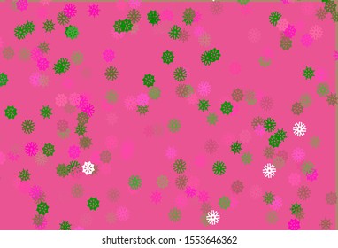 Light Pink, Green vector texture with colored snowflakes. Shining colored illustration with snow in christmas style. The pattern can be used for new year ad, booklets.