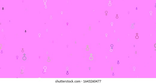 Light Pink, Green vector texture with women's rights symbols. Illustration with signs of women's strength and power. Background for International Women’s Day.