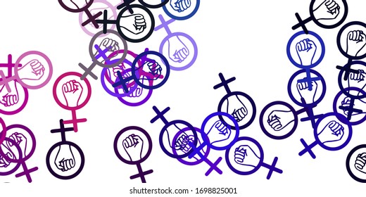 Light Pink, Green vector texture with women's rights symbols. Illustration with signs of women's strength and power. Background for International Women’s Day.