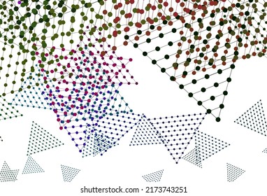 Color rosa claro, textura vectorial verde con estilo triangular con círculos. Ilustración de gradiente abstracto con círculos, triángulos. Patrón para comerciales.