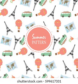 Light pink green white seamless pattern with eiffel tower,map,van and balloon in summer