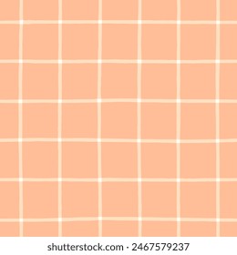 Light pink grid on a peach pink background seamless vector pattern. Hand-drawn light grid on an orange pink background minimalist plaid check pattern. Vintage warm pink plaid design.