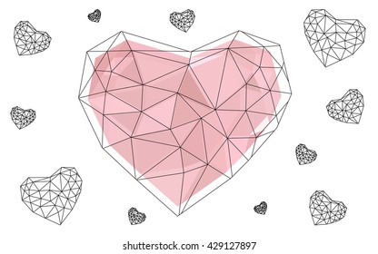 Light pink heart isolated on white background. Geometric rumpled triangular low poly origami style gradient graphic illustration. Vector polygonal design for your business.