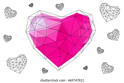 Light pink heart isolated on white background. Geometric rumpled triangular low poly origami style gradient graphic illustration. Vector polygonal design for your business.