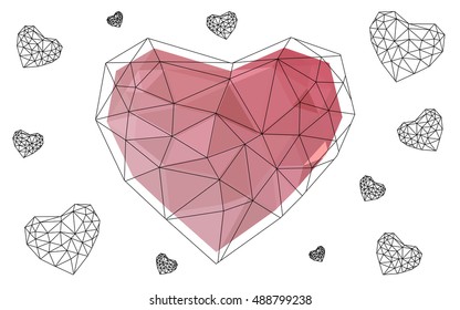Light pink heart isolated on white background. Geometric rumpled triangular low poly origami style gradient graphic illustration. Vector polygonal design for your business.