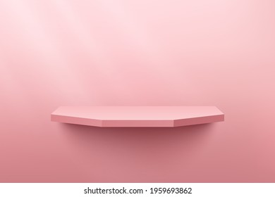 Light pink hexagon shape shelf, Pedestal Podium. Pink empty room. Shadow of window. Abstract vector rendering 3d shape. Product display presentation. Studio room, Pastel color minimal wall scene.