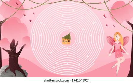 Light pink labyrinth wit cute fairy character, help find way to magic house, forest scene for children books