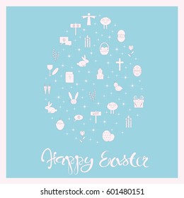 Light pink lettering Happy Easter, doodle egg on blue stock vector illustration
