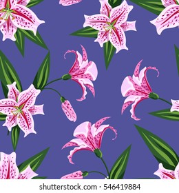 Light pink lily flowers on a blue background seamless pattern