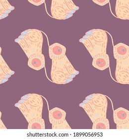 Light pink lion silhouettes seamless doodle pattern. Purple background. Hand drawn kids doodle backdrop. Graphic design for wrapping paper and fabric textures. Vector Illustration.