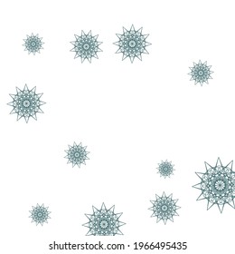Light Pink Luxury Cold Chaotic Emerald Sky Background. Pastel New Year Winter Stars Sharp Ornament. Green Christmas Print Dark Mandala Illustration. Night Turquoise White Snowflakes Wallpaper.