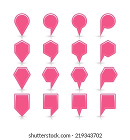 Light pink map pin sign satin location icon with copy space and gray reflection and shadow isolated on white background. Web design element save in vector illustration 8 eps
